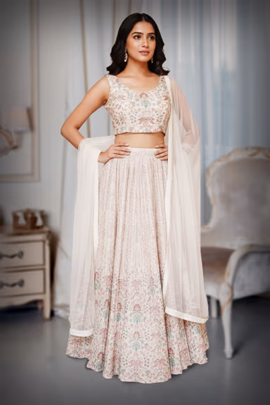Cream Cotton Printed Lehenga Set with Stylish Contemporary Blouse — view 3 of 4