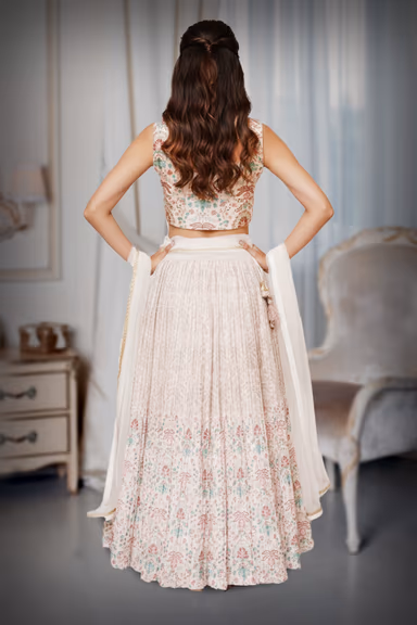 Cream Cotton Printed Lehenga Set with Stylish Contemporary Blouse — view 4 of 4
