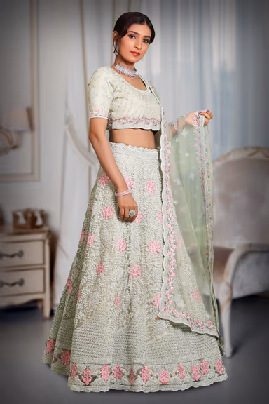 Pista Green jarkan stone work lehenga — view 4 of 5