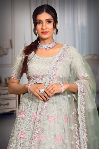 Pista Green jarkan stone work lehenga — view 1 of 5