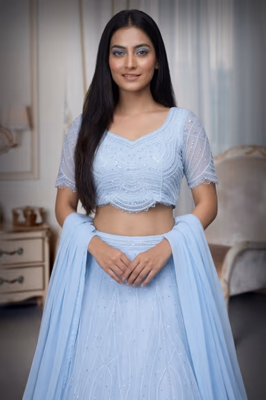 Powder Blue Net Lehenga With Threadwork And Stone Work Details — view 1 of 3