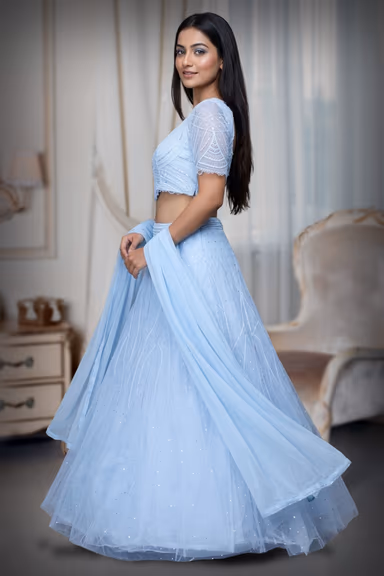 Powder Blue Net Lehenga With Threadwork And Stone Work Details — view 3 of 3