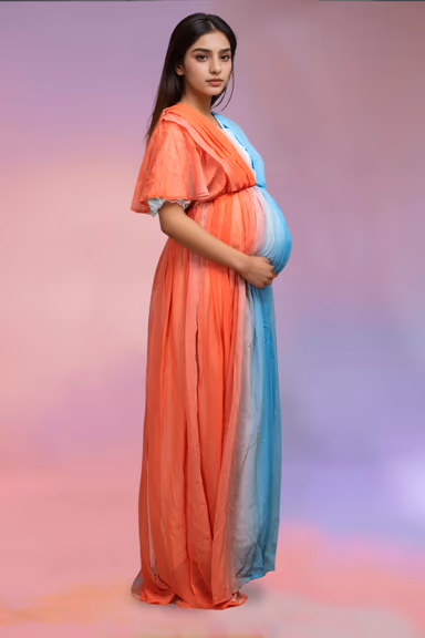 Peach And Blue Maternity Gown With Circular Sleeve Details — view 3 of 3