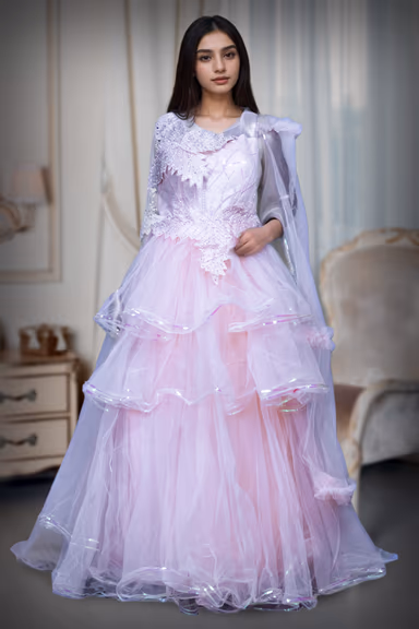 Pastel Peach Layered Net Gown With Detailed Work In Yoke Part — view 2 of 3