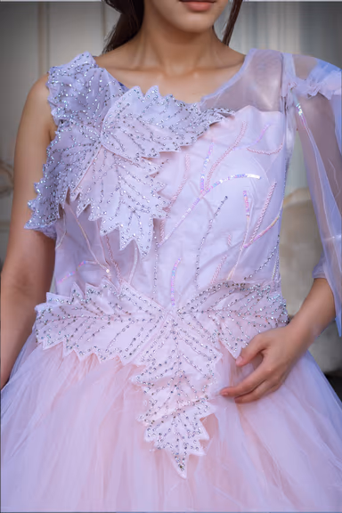 Pastel Peach Layered Net Gown With Detailed Work In Yoke Part — view 3 of 3