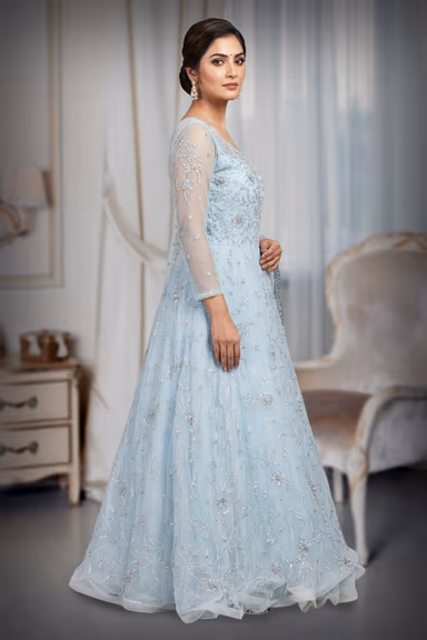 Baby Blue Heavy Threadwork Embellished Bridal Gown  With Long Cape Sleeve — view 3 of 3