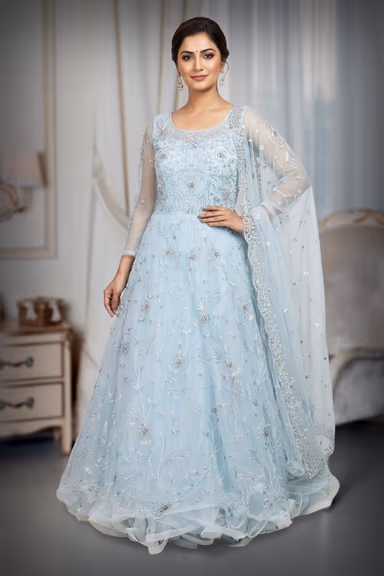 Baby Blue Heavy Threadwork Embellished Bridal Gown  With Long Cape Sleeve — view 2 of 3
