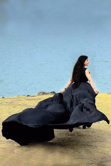 Black Satin Sleeveless Gown With Minimal Yoke And Flarey Back Tail — view 4 of 4