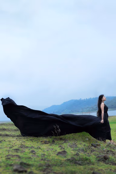 Black Satin Sleeveless Gown With Minimal Yoke And Flarey Back Tail — view 3 of 4