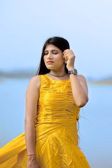 Golden Yellow Sleeveless Satin Gown With Double Panel Tails — view 1 of 4