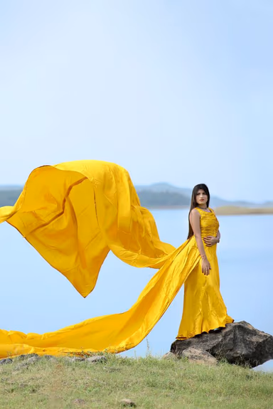 Golden Yellow Sleeveless Satin Gown With Double Panel Tails — view 4 of 4