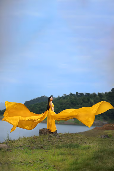 Golden Yellow Sleeveless Satin Gown With Double Panel Tails — view 3 of 4