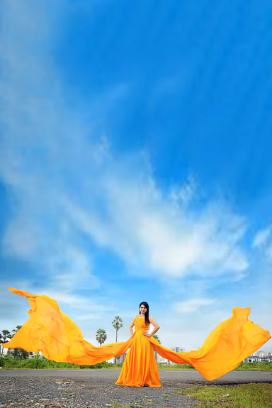 Golden Yellow Sleeveless Satin Gown With Double Panel Tails — view 2 of 4