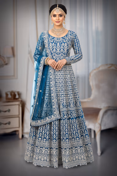 Heavily Embroidered Teal and White Arabic Lehenga with Intricate Zari Work — view 2 of 2
