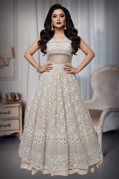 Lemon Yellow Netted Gown with Lace Work and All Over Floral Design — view 2 of 4