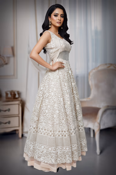 Lemon Yellow Netted Gown with Lace Work and All Over Floral Design — view 3 of 4