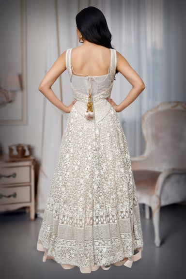 Lemon Yellow Netted Gown with Lace Work and All Over Floral Design — view 4 of 4
