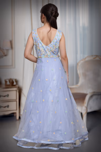 Light Lavender Net Gowm With Multi Color Threadwork Details — view 4 of 4