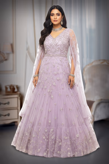 Light Lavender Tule Gown , Mirror worked with a Flowy Sleeves — view 2 of 2