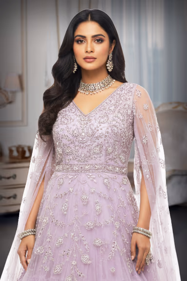 Light Lavender Tule Gown , Mirror worked with a Flowy Sleeves — view 1 of 2