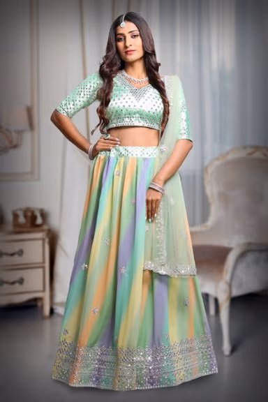 Mint Green Georgette lehenga With Heavy Detailed Deepcut blouse and Vibrant Ombre colour Shade Skirt And… — view 2 of 5