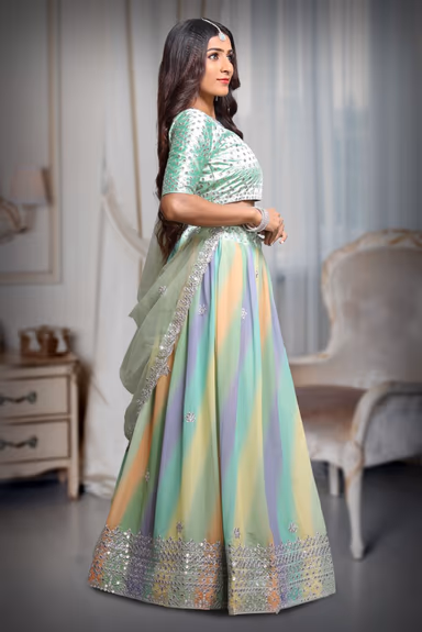 Mint Green Georgette lehenga With Heavy Detailed Deepcut blouse and Vibrant Ombre colour Shade Skirt And… — view 4 of 5