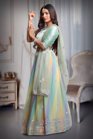 Mint Green Georgette lehenga With Heavy Detailed Deepcut blouse and Vibrant Ombre colour Shade Skirt And… — view 3 of 5
