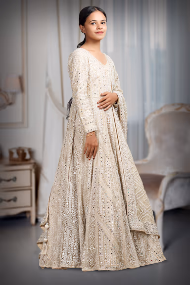 Pastel Green Pre Wedding Gown With Thread And Sequins Embroidery All Over The Gown — view 3 of 4