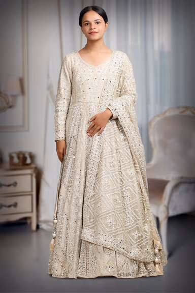 Pastel Green Pre Wedding Gown With Thread And Sequins Embroidery All Over The Gown — view 2 of 4