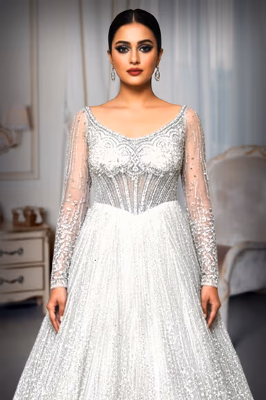 Plunging V Neck Bridal Gown with All Over Stone and Bead Handwork — view 1 of 2