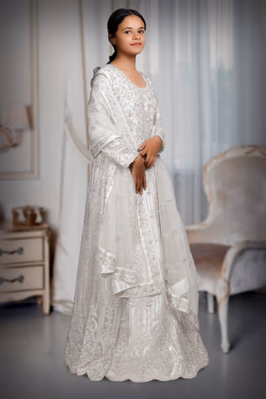 White Pre Wedding Gown With Thread And Sequins Embroidery All Over The Gown — view 3 of 4