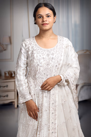 White Pre Wedding Gown With Thread And Sequins Embroidery All Over The Gown — view 1 of 4
