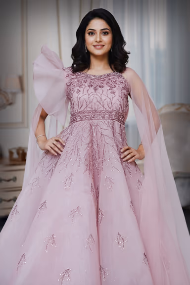 Wing sleeve Flamingo pink  ball gown — view 1 of 4