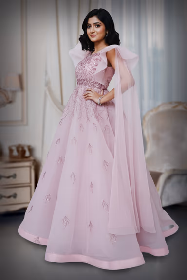 Wing sleeve Flamingo pink  ball gown — view 3 of 4