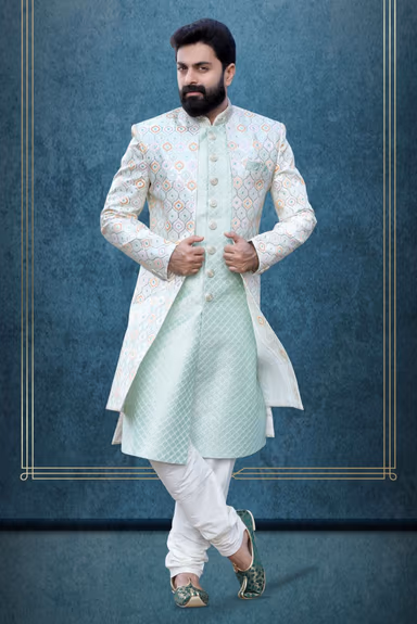 Mint Green And Multicolour Jacquard Sherwani — view 1 of 5