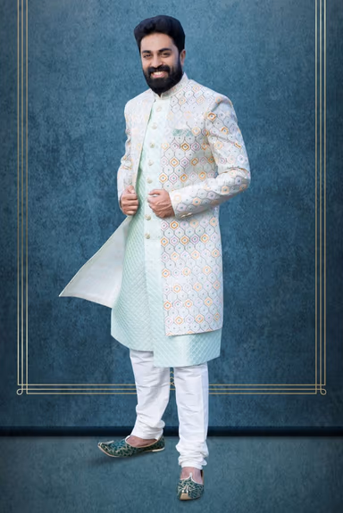 Mint Green And Multicolour Jacquard Sherwani — view 5 of 5