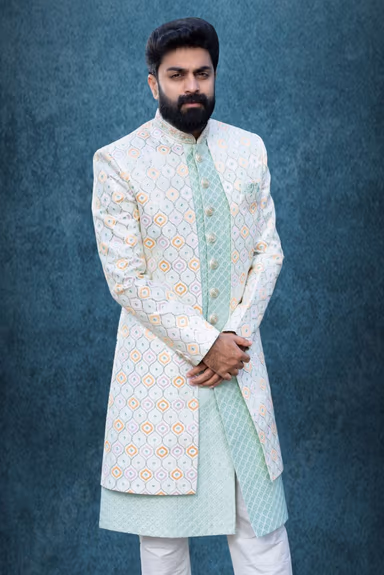 Mint Green And Multicolour Jacquard Sherwani — view 4 of 5