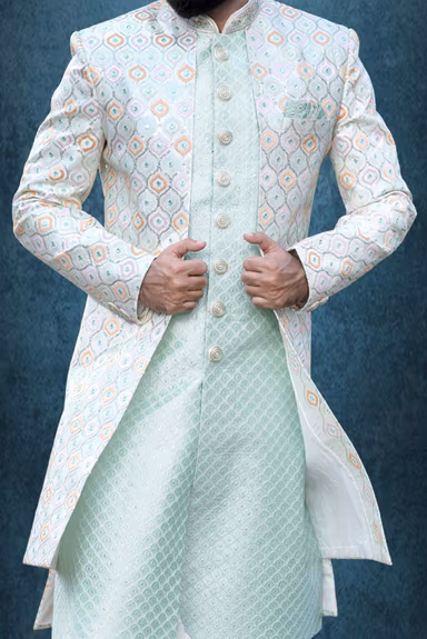 Mint Green And Multicolour Jacquard Sherwani — view 3 of 5
