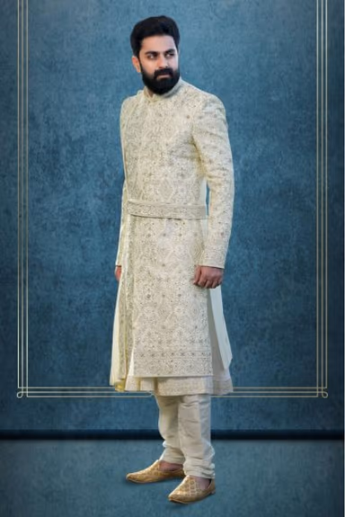 Off white Dupion Sherwani — view 1 of 5