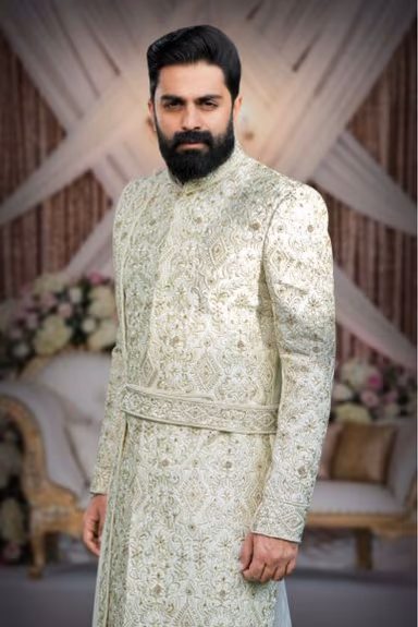 Off white Dupion Sherwani — view 2 of 5