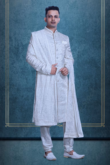 Pure White Textured Mens Sherwani With White Pajama And White Shawl — view 2 of 5