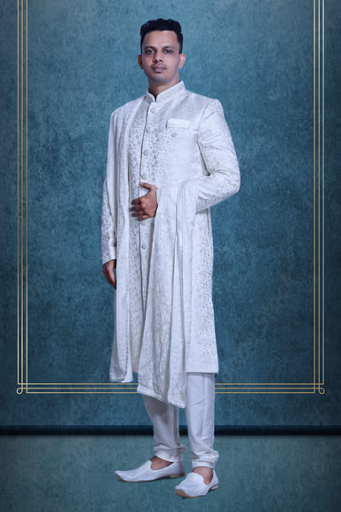 Pure White Textured Mens Sherwani With White Pajama And White Shawl — view 3 of 5