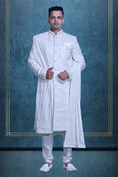 Pure White Textured Mens Sherwani With White Pajama And White Shawl — view 1 of 5