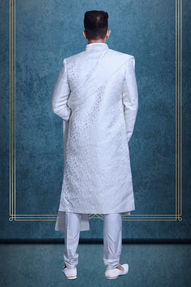 Pure White Textured Mens Sherwani With White Pajama And White Shawl — view 5 of 5
