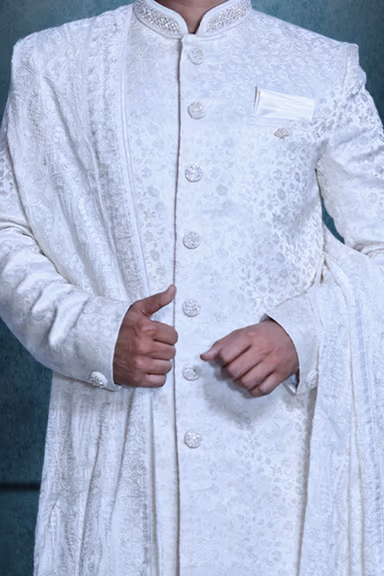 Pure White Textured Mens Sherwani With White Pajama And White Shawl — view 4 of 5