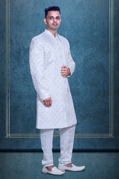 White Two Piece Sherwani With Threadwork Detailed Outer Jacket And Front Closed Inner Kurtha — view 3 of 3