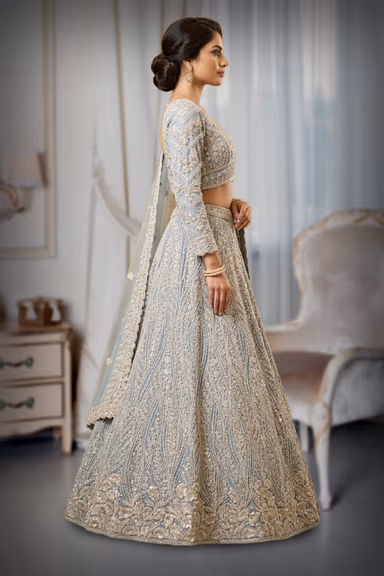 Sky Blue Handcrafted Silver Sequin Sugar Bead Lehenga — view 3 of 3