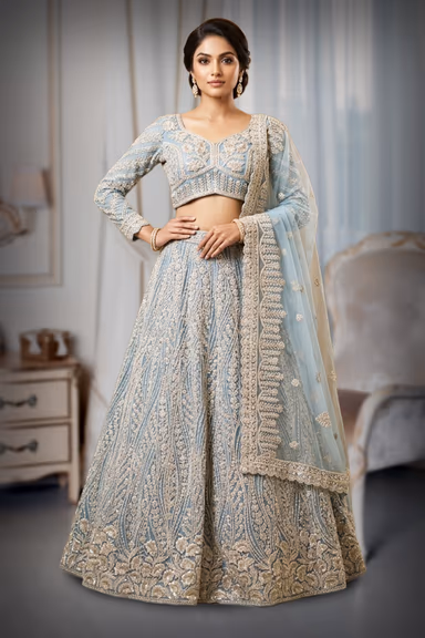 Sky Blue Handcrafted Silver Sequin Sugar Bead Lehenga — view 2 of 3