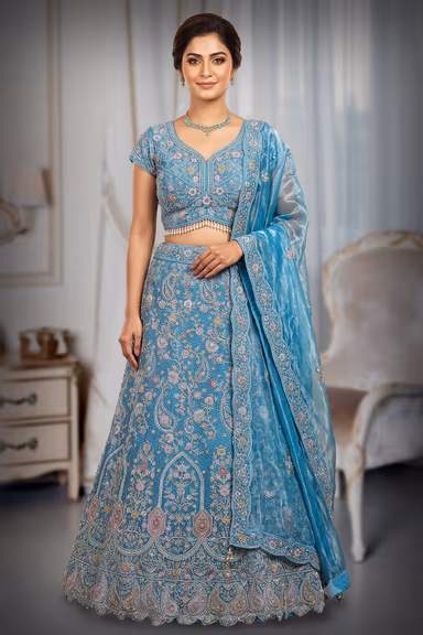 Sky Blue Heavy Embroidered Bridal Lehenga — view 2 of 3