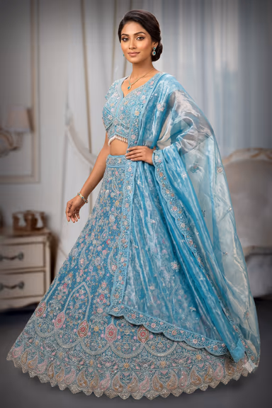 Sky Blue Heavy Embroidered Bridal Lehenga — view 3 of 3